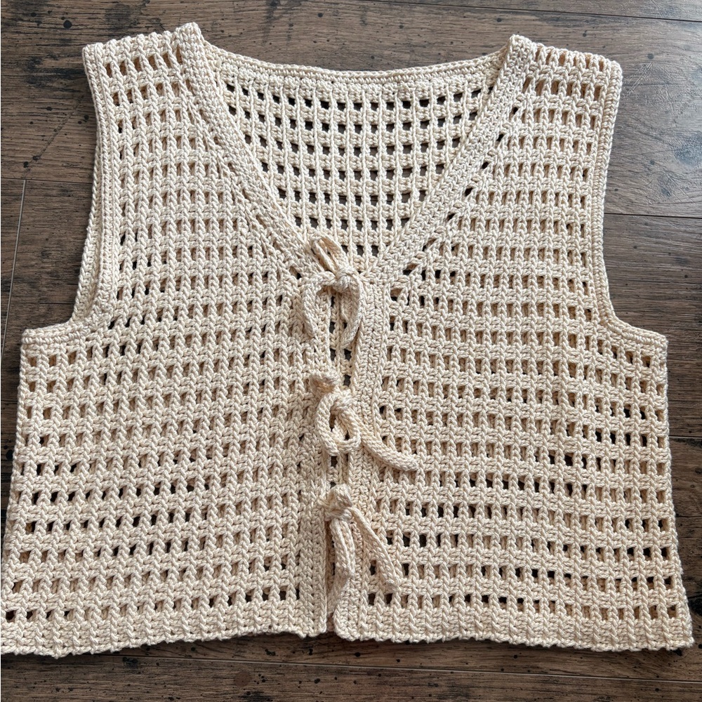 Hand crocheted cotton tie closure vest